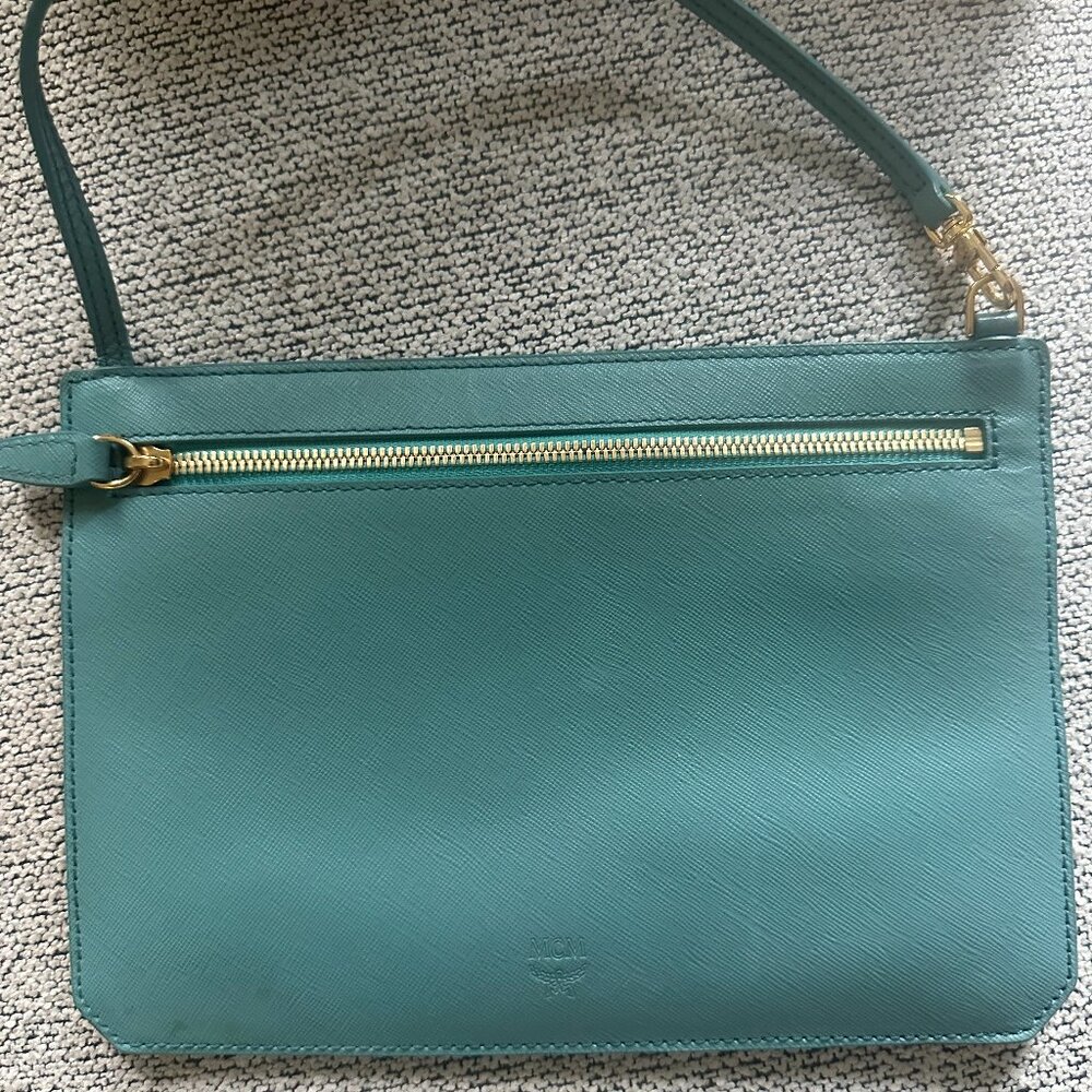 MCM Teal Blue Leather Poucette Clutch Wristlet Handbag